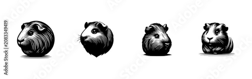 Foto A set of four black and white illustrations of cute guinea pig heads
