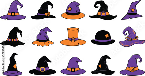 Set of assorted witch hats in orange and purple tones including stitched textures ribbons patches and stars for halloween holiday costume design assets isolated on transparent backdrop for project.