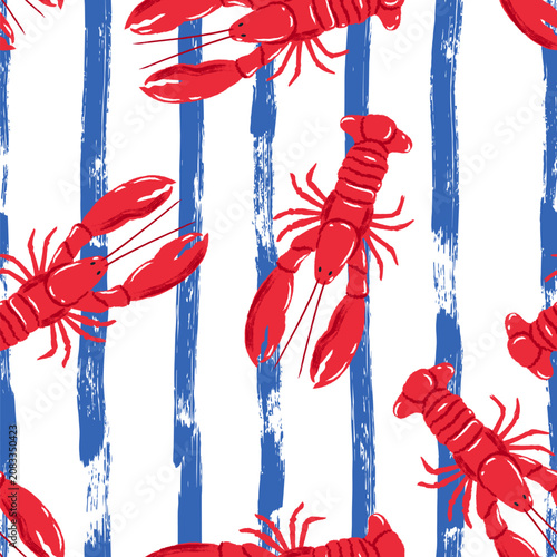 Red lobster seamless pattern on blue striped background. Vector watercolor marine seafood background, print design