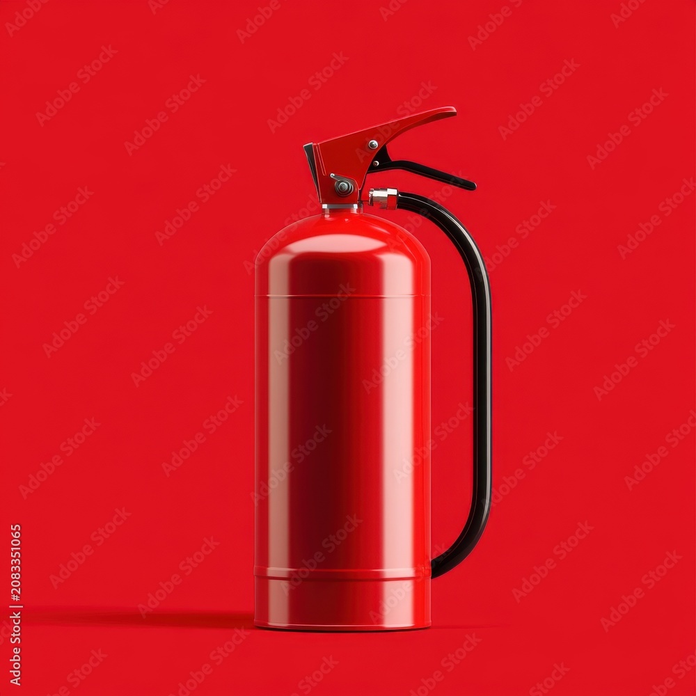 Obraz premium A vibrant red fire extinguisher standing against a bold red background, symbolizing safety and emergency preparedness.
