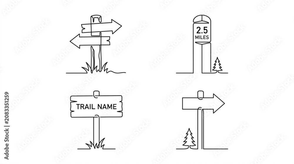Naklejka premium Outdoor hiking signpost continuous line art vector set with wooden directional trail markers for camping and nature travel design