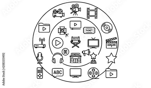 Minimal Entertainment and Cinema Line Icon Collection with Film TV Video and Theater Symbols Vector