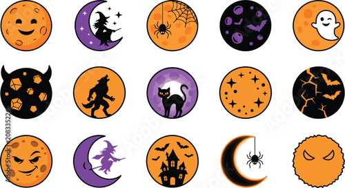 Fotografija Halloween moon icons collection featuring witches and werewolves and haunted houses on orange and black circles for holiday designs and spooky decorations in flat vector style for mobile apps
