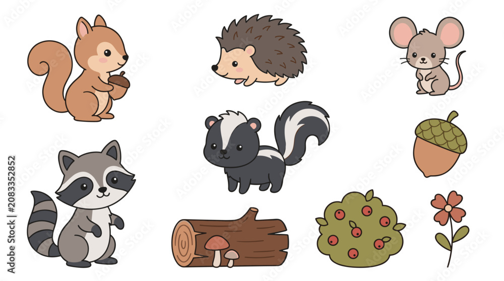 Obraz premium Set of cute vector animals including squirrel, hedgehog, mouse, skunk, raccoon, with forest elements like acorn, log, mushroom, bush, and flower