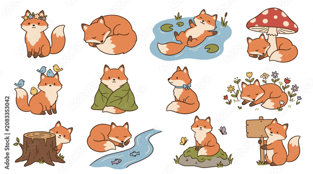 Obraz premium Collection of adorable vector art foxes in various whimsical poses and natural settings, including playful interactions with butterflies and a