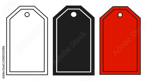 Fényképezés Three blank tags with geometric shapes and outlined borders are displayed in a row