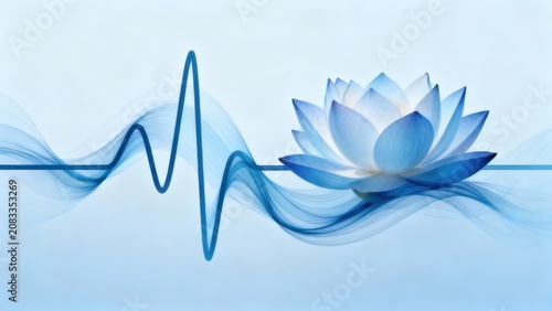 Detailed blue lotus flower floating on abstract cyan waves overlaid with a stylized medical heartbeat monitor pulse line.