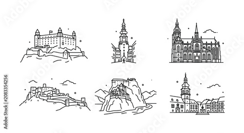 Fotografía European castles and cathedrals linear vector illustrations on white background