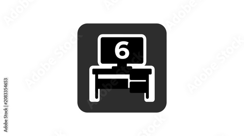 Computer desk with monitor showing number 6 icon, modern workstation symbol