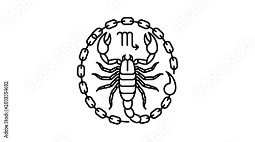 Scorpio Zodiac Sign Emblem with Chain Circle, Astrology Symbol, Vector Line Art