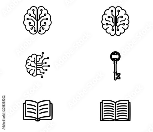 Hand-traced vector icon set with six outline icons: open books, neural circuit brains, and vintage skeleton key for education, technology, knowledge, security, library, data, access single EPS bundle