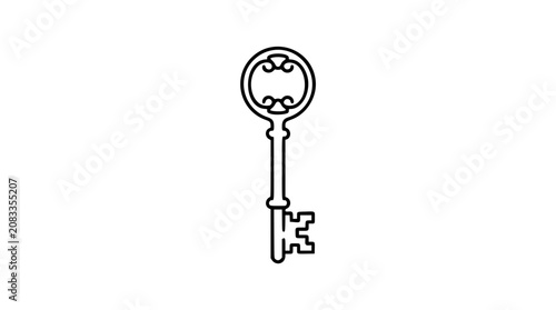 Vintage skeleton key vector icon illustration in clean black outline, featuring ornate bow, long shaft, and bit teeth for security, mystery, antique, access, heritage, lock, and decorative design