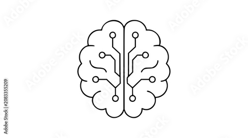 Rounded brain circuit vector icon illustration with balanced outline lobes, connected nodes, and minimalist neural network styling for software, learning, robotics, data, and technology themes
