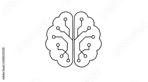 Symmetrical brain circuit vector icon illustration in clean outline, showing neural pathways, digital nodes, and minimalist technology concept for innovation, learning, data, and cognition design