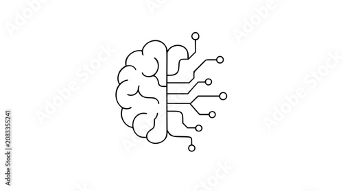 Half brain circuit vector icon illustration in clean outline style, blending organic neural folds with branching digital connections for technology, cognition, automation, data, and innovation designs