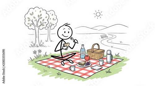 Picnic Stick Figure Man Eating Sandwich Outdoors on Grassy Field Doodle Line Art