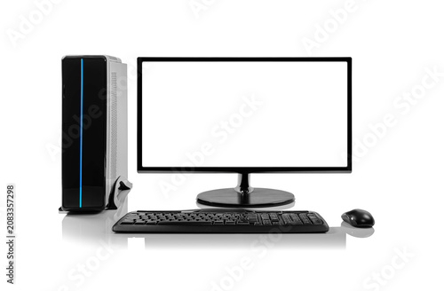 A modern desktop computer setup features a black monitor with a blank white screen, a slim system unit with a blue LED light strip, a keyboard, and a mouse on a reflective white surface.