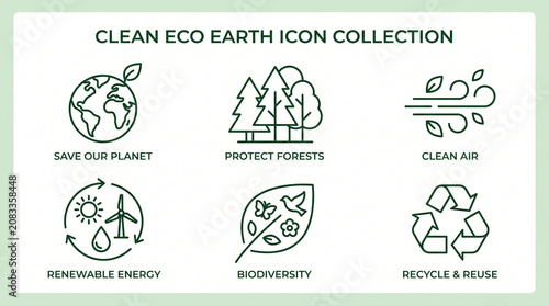 Clean eco earth and environmental protection icon set with environment, resource