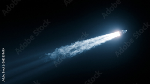A bright rocket flies through the dark night sky leaving a long trail of white smoke and light behind it