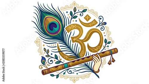 Sacred Om Symbol with Peacock Feather and Krishna Flute – Decorative Hindu Spiritual Vector Illustration