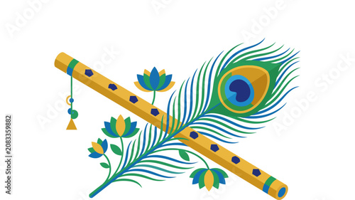 Sacred Om Symbol with Peacock Feather and Krishna Flute – Decorative Hindu Spiritual Vector Illustration