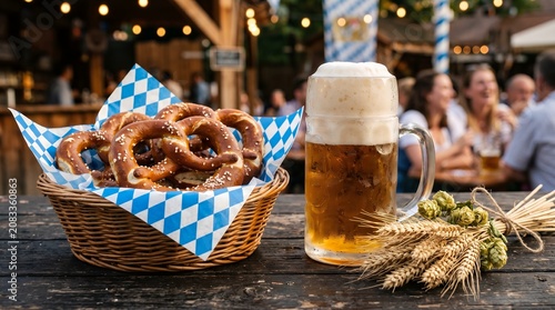 Traditional German Oktoberfest Celebration With Beer and Pretzels Arrangement on Rustic Table
