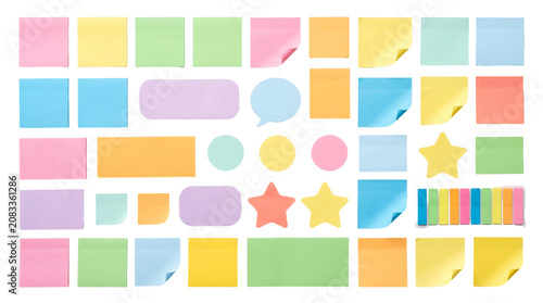 A collection of colorful sticky notes and labels in various shapes and pastel colors for organization.