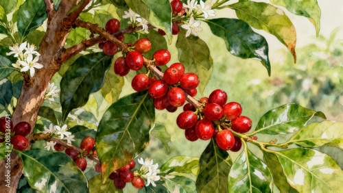 Ripe red coffee cherries, delicate white flowers, and glossy green leaves painted in a detailed botanical watercolor illustration.