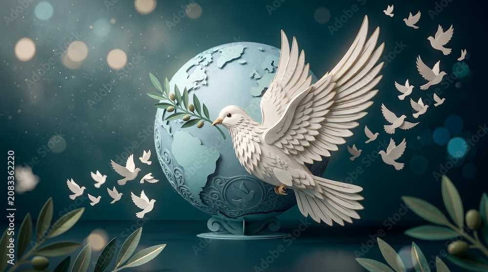 Fototapeta premium Majestic White Dove Carrying Olive Branch Around a Stylized Earth with Flocking Birds Composition
