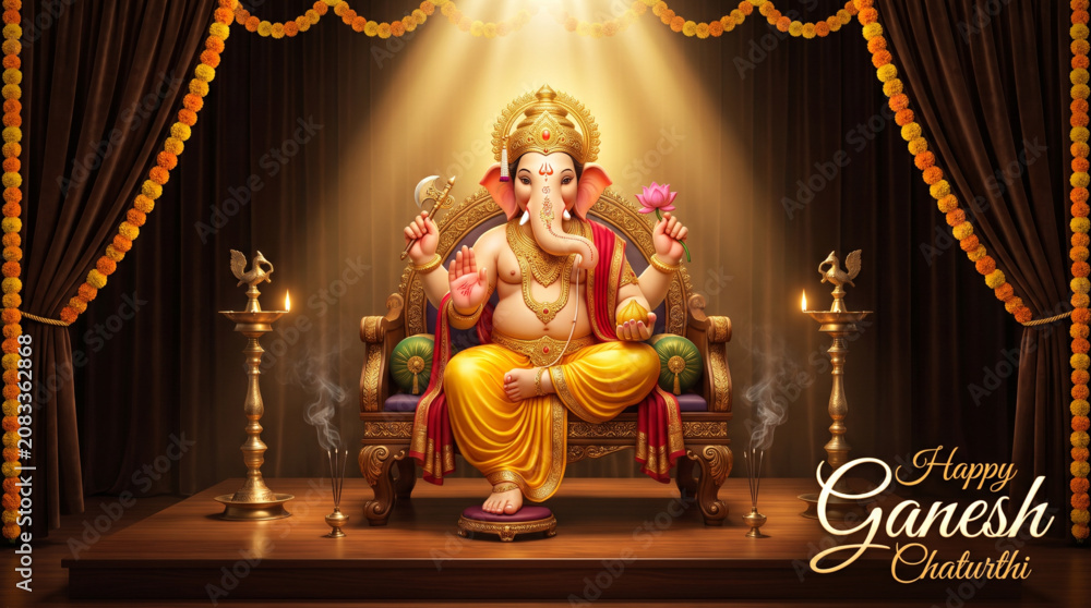 Fototapeta premium Lord Ganesha Seated on Sacred Throne with Brass Oil Lamps and Temple Stage for Ganesh Chaturthi Greeting Banner