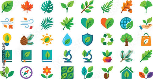 Flat colorful icons set of nature and environment symbols