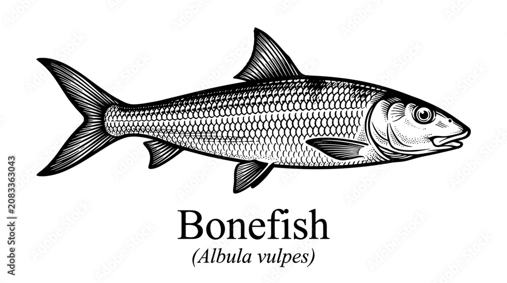 Fototapeta premium Bonefish fish illustration vintage style black and white drawing