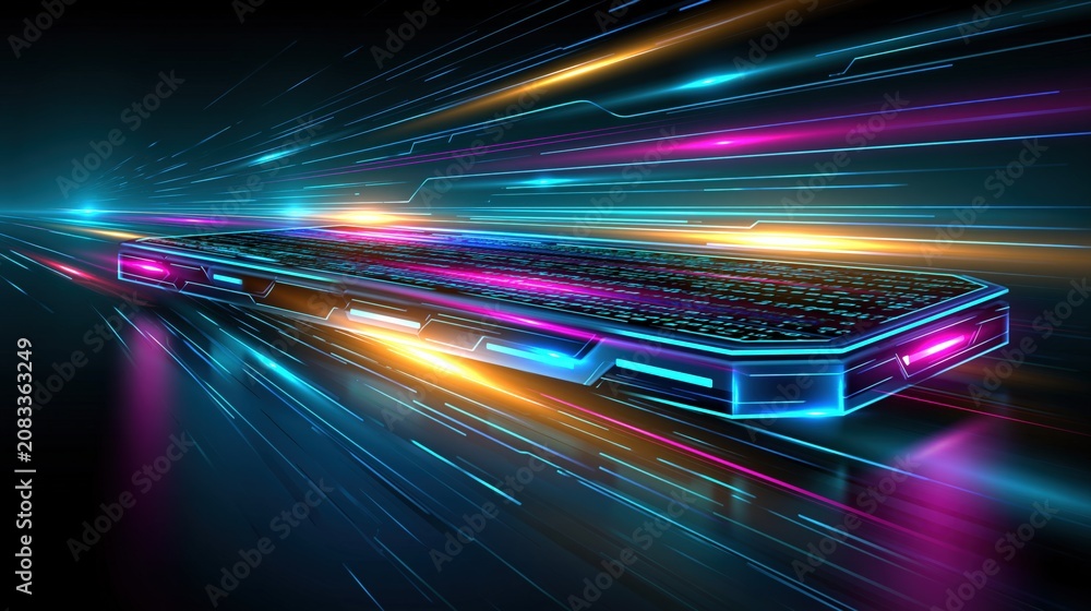 Fototapeta premium Futuristic glowing device speeding through a neon digital landscape with abstract light streaks