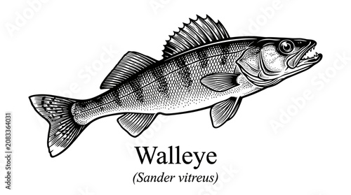 Walleye fish illustration in vintage engraving style