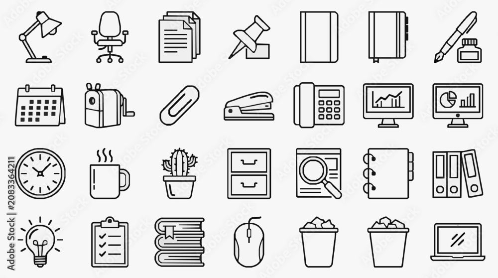 Fototapeta premium Modern Black and White Line Icons Set Featuring Office Study and Productivity Symbols with high quality professional line art symbols for modern creative design and digital branding projects