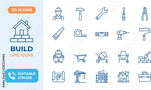 Fotografía Building Construction Icon Set, House Build Line Icons, Hand Tools, Engineering
