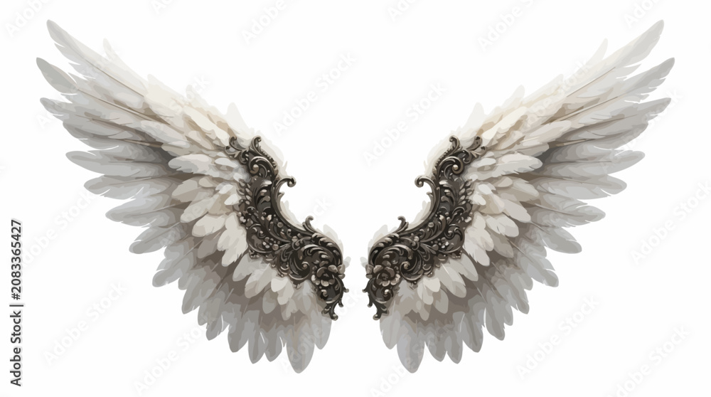 Fototapeta premium UntitledWhite Angel Wings with Black Ornamental Details – Isolated Vector