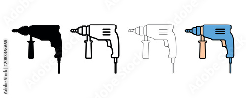 Set of four power drill tool icons in different artistic styles for construction and renovation projects