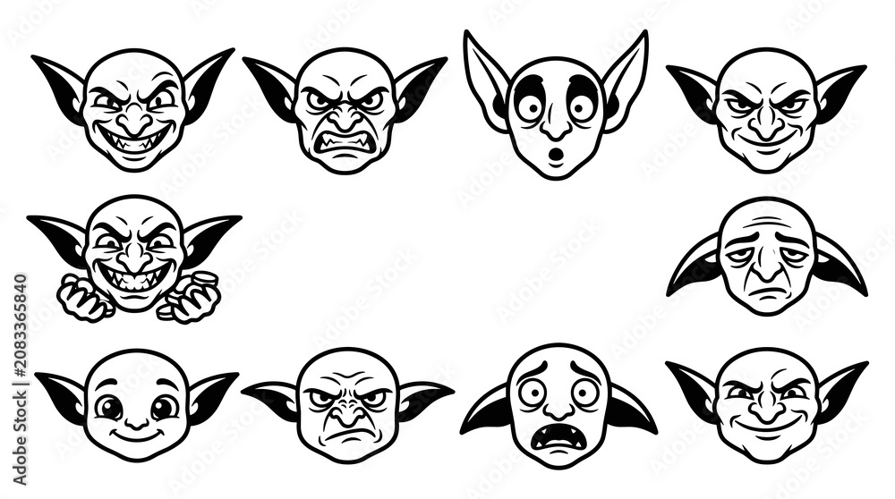 Obraz premium Set of twelve stylized goblin faces showing various emotions and expressions, black and white line art vector illustrations