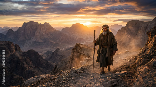 Ancient man with staff walking on a rugged mountain path at sunrise, vast desert landscape, biblical journey