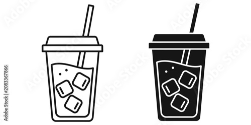 Canvas Print Cold beverage with ice cubes and straw in a disposable cup on a white background