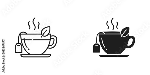 Εκτύπωση καμβά Hot tea cup with leaf and tea bag steaming in simple line art and silhouette on