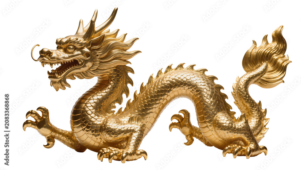 Fototapeta premium Golden Dragon Statue with Detailed Scales and Fierce Expression