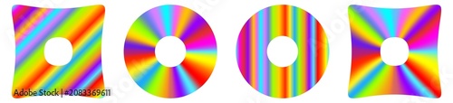 Collection of vibrant neon rainbow geometric shapes isolated on transparent background. Set of four Y2K acid style design elements, striped squircles and colorful gradient circles. PNG