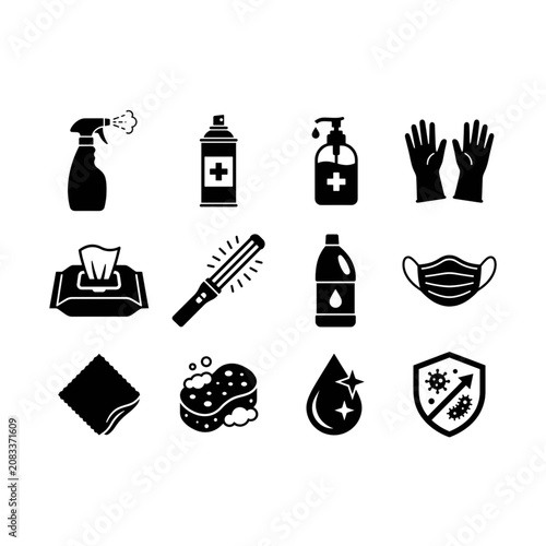 Set of disinfection black icons sanitation cleaning hygiene sterilization tools collection bundle for virus prevention graphic design, vector illustration