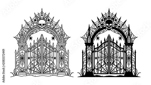 Foto Spooky Gateway Illustration: Two stylized, eerie gates adorned with skulls, cobwebs, and spiders stand as a chilling invitation to a haunted realm, perfect for Halloween themes