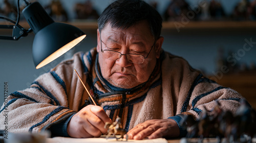 Kazakh miniaturist painting mounted cavalry figure with size-zero brush, magnifying lamp bent low over two-centimeter-tall medieval figure, row of completed historical dioramas on