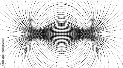Curved lines of black dots create an abstract visual field, flowing from two dense poles on white