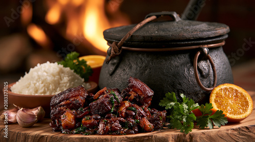 Traditional cast iron pot with slow cooked meat and rice served at a cozy fireside table, delicious