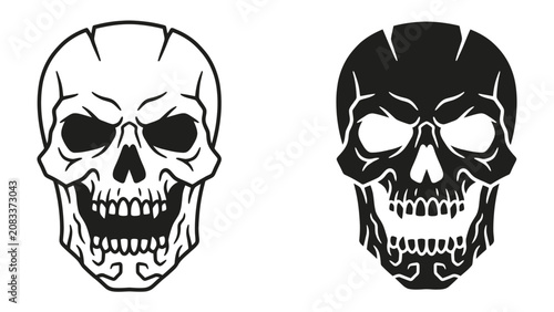 Photos Two stylized skulls, one in outline and one in solid black, with detailed bone structure and a sinister grin, evoke a sense of mystery and the macabre
